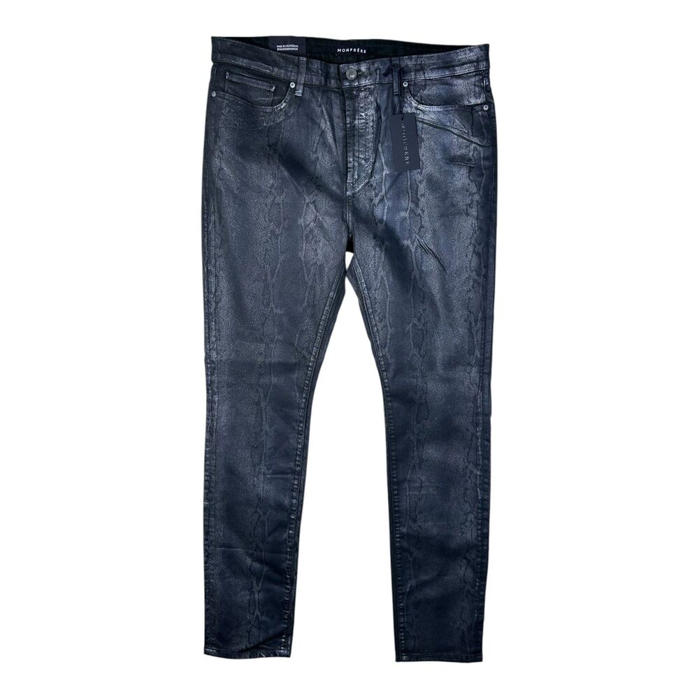 Monfrere Jeans Mens 40x31 Black Coated Greyson Skinny Snake Print Stretch Denim